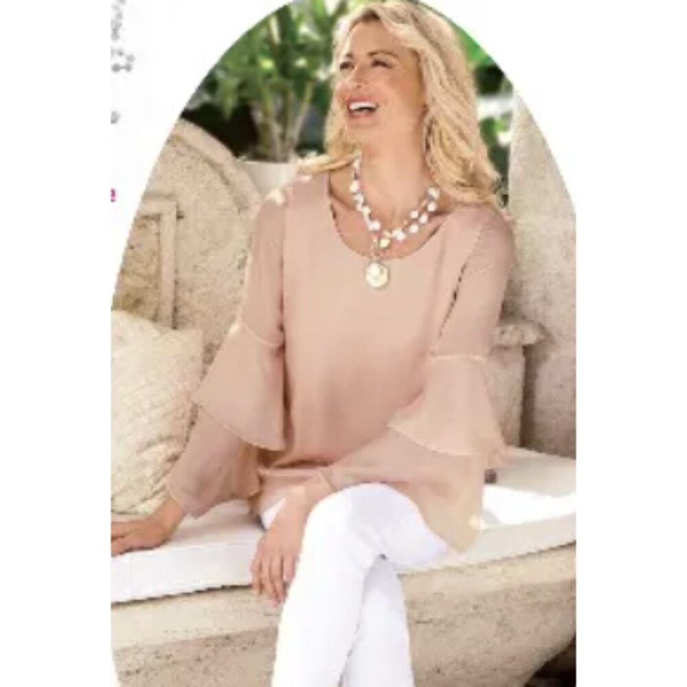 SOFT SURROUNDINGS 100% Silk Overlay Bell Sleeve Top in Nude Blush Romantic Sz L